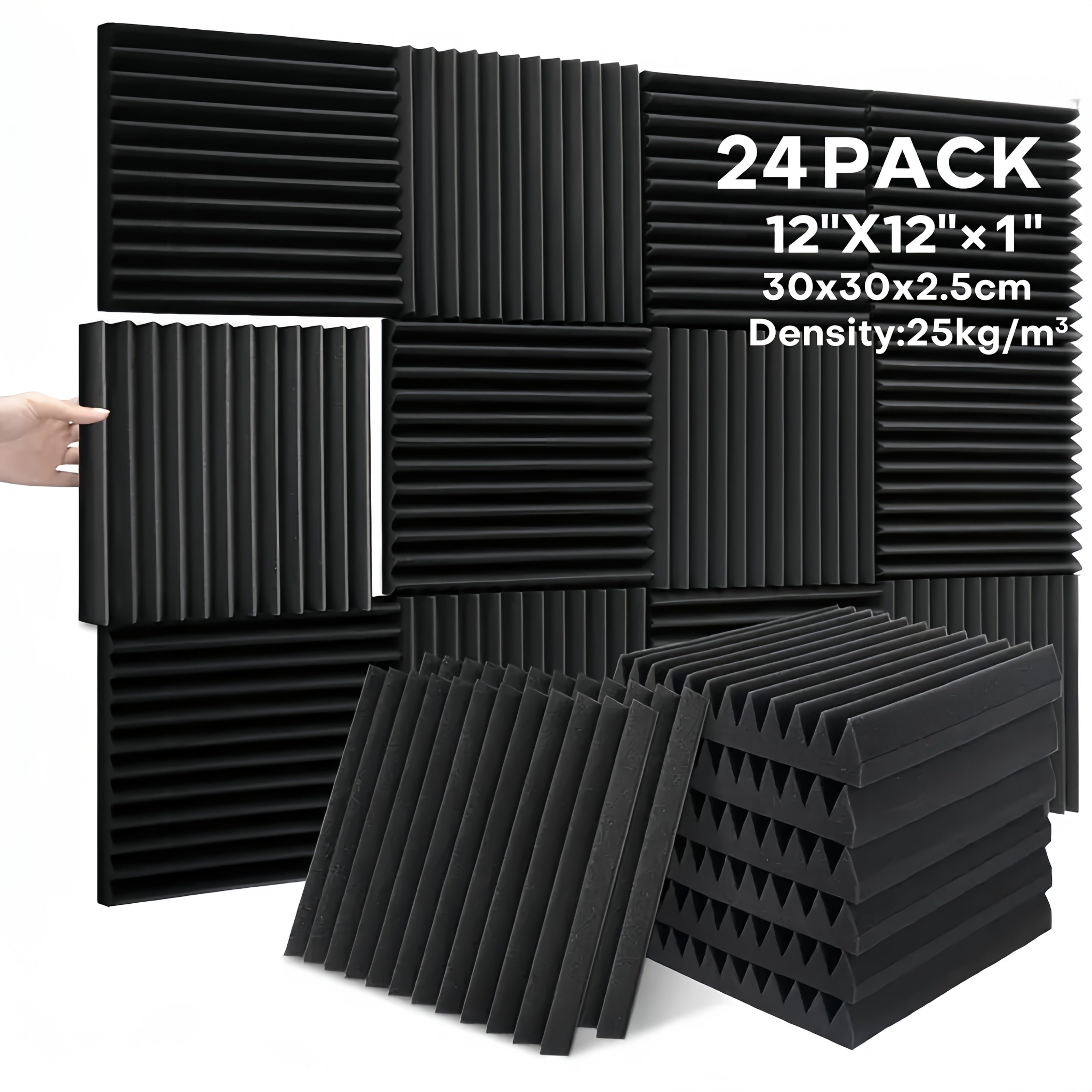 24 paneles de aislamiento acústico de alta densidad, paneles de espuma acústica ignífuga 30.48x30.48 cm, ideales para estudios de grabación, salas de cine en casa y decoración de paredes