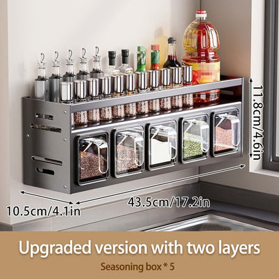 Organizador de especias de acero inoxidable con estantes y frascos colgantes - Conjunto de almacenamiento de cocina multifuncional, diseño que ahorra espacio para especias, hierbas y condimentos, organizadores y almacenamiento de cocina.