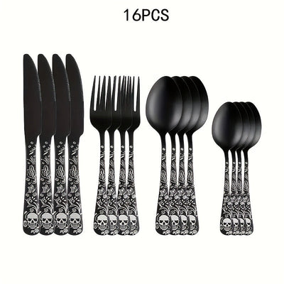 Juego de cubiertos de acero inoxidable con diseño gótico de calavera y rosa, 4/16/24 piezas, cuchara, tenedor, cuchillo, pulido espejo, ideal para regalos de Halloween, Navidad, Pascua y Hanukkah