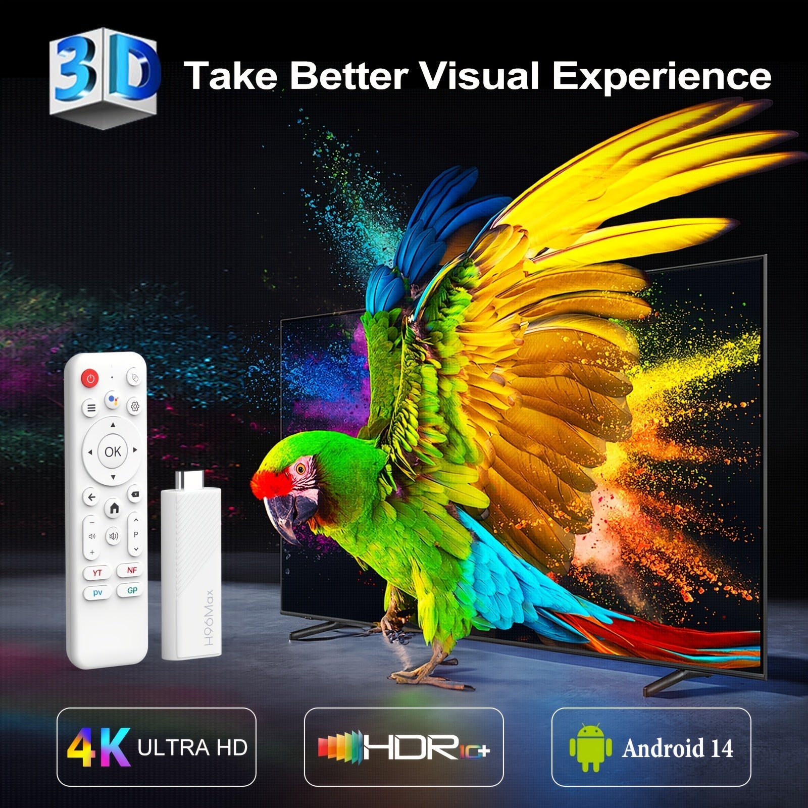 H96Max H313 TV Stick Android 4K - Wi-Fi 6, 2.4G y 5G, USB 2.0, sin batería, control remoto, resolución 4K, Android 14, sistema de entretenimiento, alimentación por USB