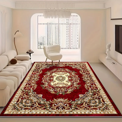 Alfombra bohemia de terciopelo, 850 g/m², antideslizante, suave, diseño persa oriental vintage en rojo, no se desprende, fácil de cuidar, ideal para áreas de alto tráfico en salas y habitaciones, lavable, de pelo bajo, apta para mascotas, lavable a máqui