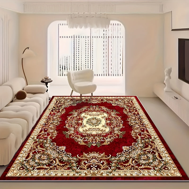 Alfombra bohemia de terciopelo, 850 g/m², antideslizante, suave, diseño persa oriental vintage en rojo, no se desprende, fácil de cuidar, ideal para áreas de alto tráfico en salas y habitaciones, lavable, de pelo bajo, apta para mascotas, lavable a máqui