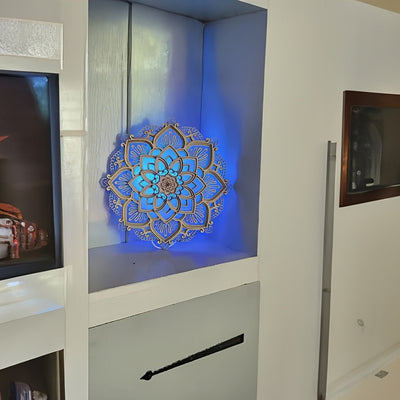 1 pieza de Luz Nocturna Mandala Intrincada - LED Iluminado, Diseño de Loto de Madera Multicapa - Ambiente Sereno para Yoga, Salas de Estar y Dormitorios.