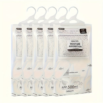5-Unidad Paquete Grande Bolsas de Absorción de Humedad de 500ml para Ropa - Sin Electricidad, Sin Requerimiento de Energía, Alta Capacidad para Armario y Deshumidificación en el Hogar, Blanco con Acentos Azules, Absorción de Humedad|Diseño Transparente|V
