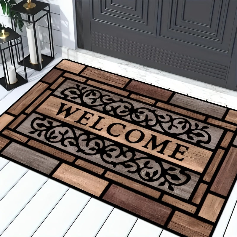 1 alfombra de bienvenida rústica - Resistente, antideslizante de poliéster con respaldo de PVC, diseño elegante en marrón para entrada y decoración del hogar, felpudo para puerta principal