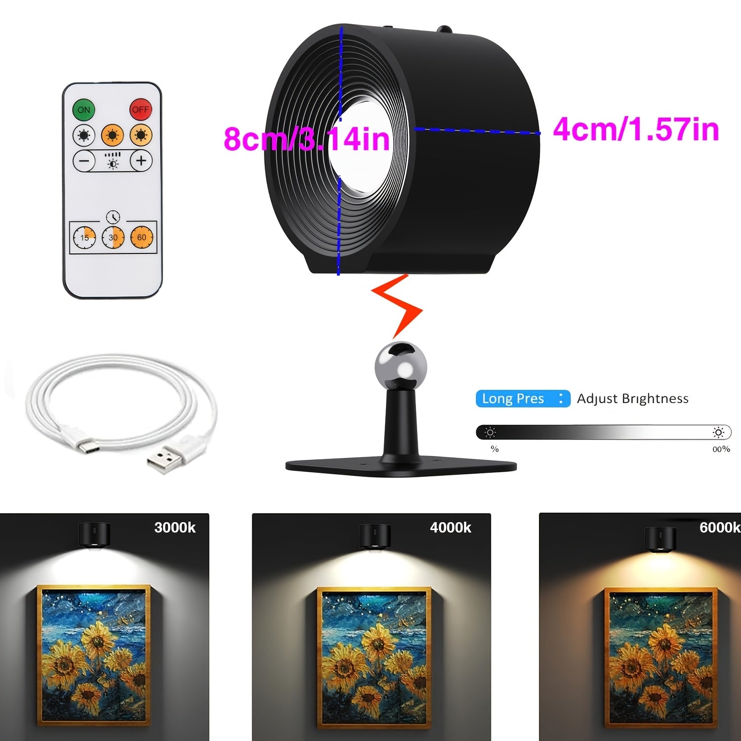 Lámparas de pared LED HBOWMDJIA, lámparas montadas en la pared con batería recargable, 3 niveles de brillo, carga extraíble, rotación de 360°, bola magnética, luz de pared inalámbrica para leer, estudiar, dormitorio, pasillo, luz LED.