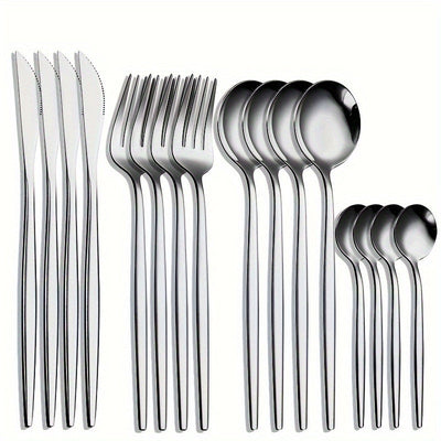 Juego de Vajilla Portuguesa Fina de Acero Inoxidable de 16 Piezas, Set de 4 Piezas: Cuchillo para Bistec, Tenedor, Cuchara, Cuchillo, Tenedor, Cuchara para Hotel y Restaurante