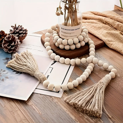 Corona de Estilo Nórdico con Cuentas de Madera y Borlas - Perfecta para el Día de San Valentín, Decoración de Salón y Dormitorio, No Necesita Energía, Flores, Cuerda de Cáñamo, Accesorios para Colgar, Regalos para el Día de la Madre