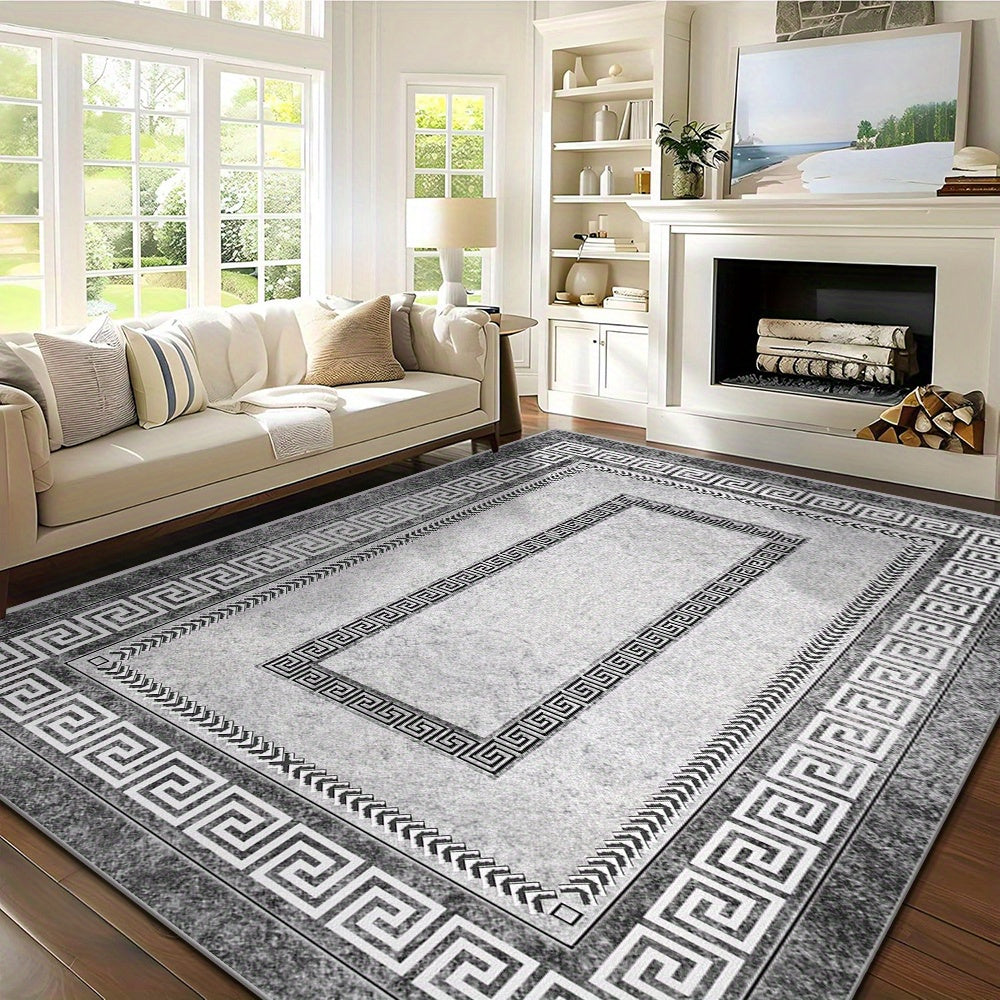 Alfombra de terciopelo de lujo - Estampado floral bohemio y persa vintage, base antideslizante, lavable a máquina, 100% poliéster - Ideal para áreas de alto tráfico como sala, dormitorio y espacios interiores, 850 g/m², diseño en gris neutro y mármol neg