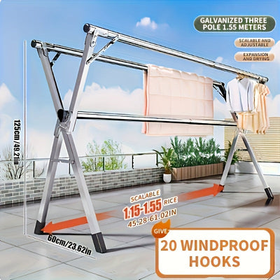 Perchero Plegable de Metal con Barra Doble Ajustable y 20 Ganchos Antiviento, Apto para Uso Interior y Exterior; Solución de Almacenamiento Ahorrador de Espacio para Ropa, Edredones y Ropa de Cama