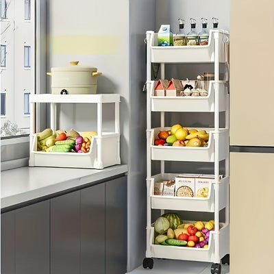 Carrito Organizador de Plástico Blanco de 5 Niveles con Ruedas para Ahorrar Espacio - Estante de Almacenamiento Rodante Versátil con Ganchos para Cocina, Oficina y Uso Doméstico | Estantes Duraderos para Libros, Verduras, Snacks y Más, Organizador de Alm