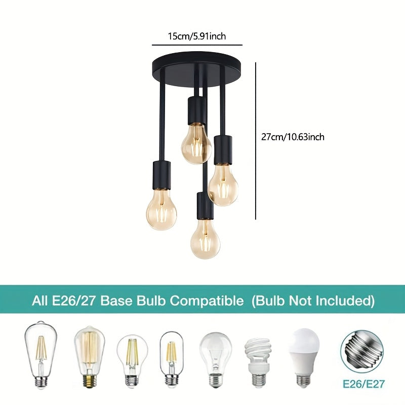 Un candelabro industrial de estilo vintage negro con cuatro enchufes para bombillas E27, adecuado para comedores, bares, cocinas, pasillos, dormitorios, escaleras y entradas (bombillas no incluidas)