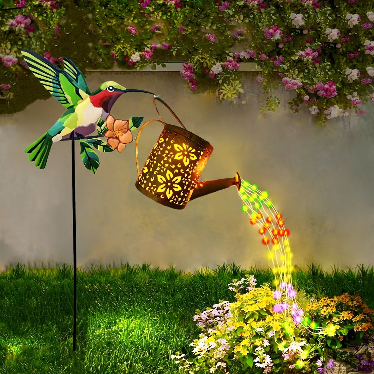 Luces solares para macetas de agua al aire libre, linternas de campamento LED con cadenas de luz fluida, colibríes de metal vintage adecuados para jardines, caminos y granjas, terrazas, perfectos para la atmósfera exterior de Halloween y Navidad, exquisi