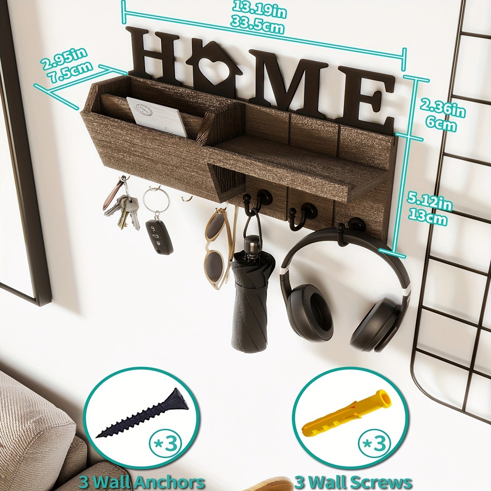 Soporte de llaves de madera contemporáneo con 7 ganchos - Organizador de entrada de pared para hogar, oficina, dormitorio, pasillo - Acabado marrón, almacenamiento de pared | Estilo contemporáneo | Construcción de madera, soporte de llaves de pared