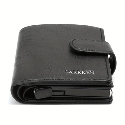 Cartera de Cuero PU Negra para Hombre CarrKen - Estilo Elegante de Negocios con Cierre Seguro a Presión, Gran Capacidad y Múltiples Ranuras para Tarjetas - Regalo Ideal para el Profesional Moderno