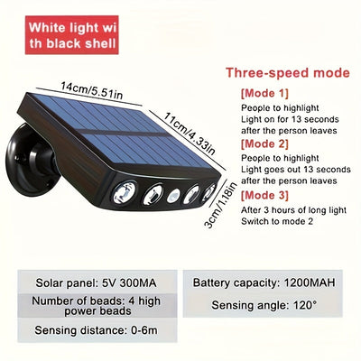1 pza. de luces solares LED para exteriores con sensor de movimiento, 4 luces LED potentes para seguridad solar, decoración exterior, sensor de movimiento, 3 modos, lámpara de calle con batería de litio 18650 integrada, luz nocturna para pared, jardín