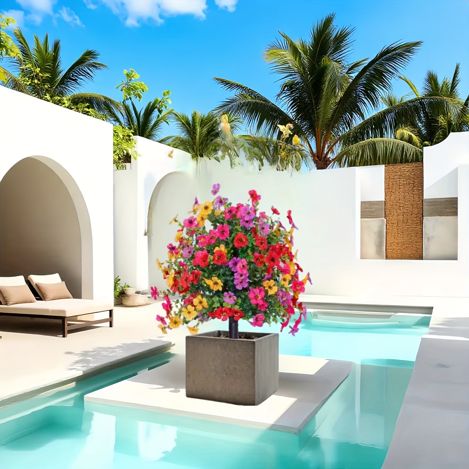 Tres conjuntos de árboles de imitación vibrantes para exteriores, con pernos para decoración de hogar, jardín e interiores, arreglos artificiales de violetas de larga duración, plantas de imitación decorativas adecuadas para terrazas, porches y patios.