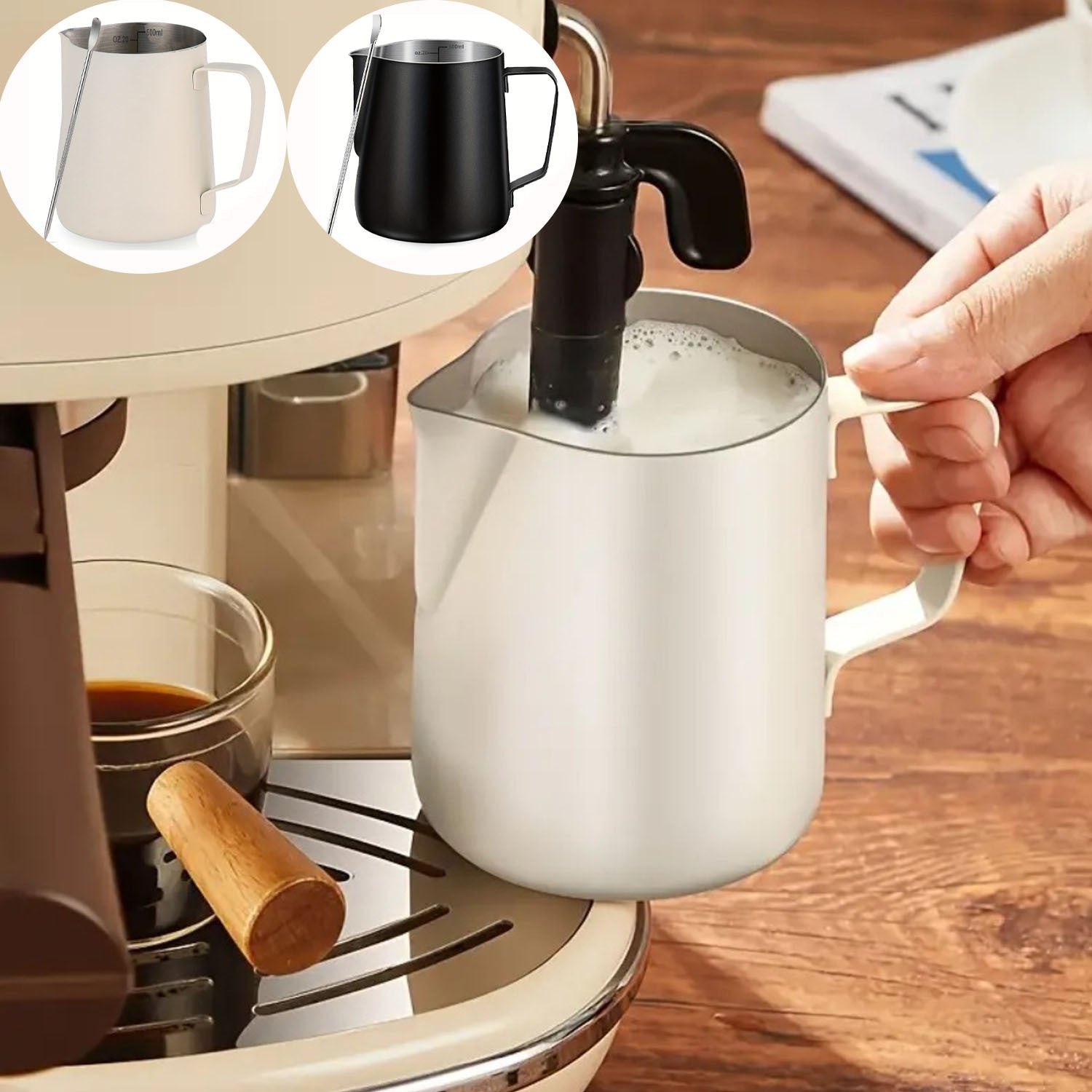 Jarra espumadora de leche de acero inoxidable con pluma decoradora - 350 ml/600 ml, ideal para café, capuchino, arte latte, jarra para vapor estilo barista, perfecta para uso en casa o en la oficina, vajilla para bebidas | Vaporizador moderno | Vajilla d