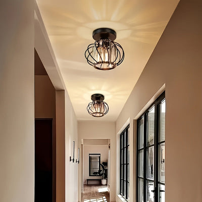 1 pieza de luz de techo semi-inclinada moderna, diseño de jaula de metal con paneles de vidrio, base de bombilla E26, cableado duro, acabado con aceite para sala de estar, pasillo, baño, cocina - bombilla no incluida, iluminación para techo