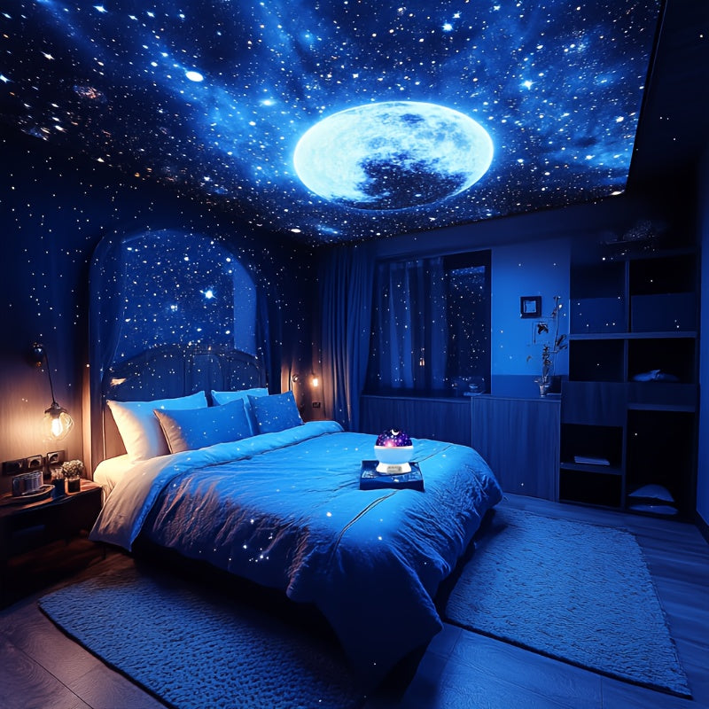 1pc Luz Nocturna Proyector 3D Giratoria de Estrellas y Luna con USB - 12 Modos de Color, Acabado en Metal Pulido, Diseño Portátil Independiente para Decoración de Dormitorio, Fiestas, Iluminación Ambiental, Luz Nocturna para Habitación, Decoración Temáti