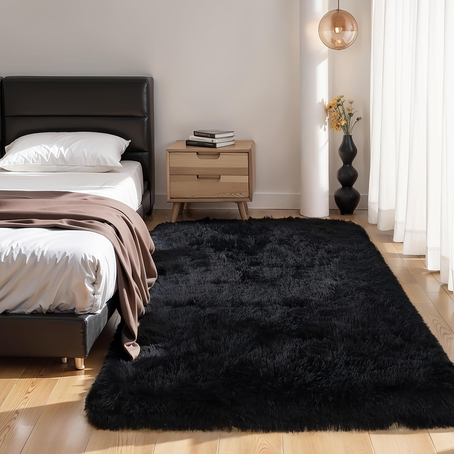 Alfombra suave y esponjosa de lujo, color negro sólido, lavable a mano, de poliéster, para uso en interiores en dormitorios y decoración del hogar, forma rectangular, tapetes para habitaciones