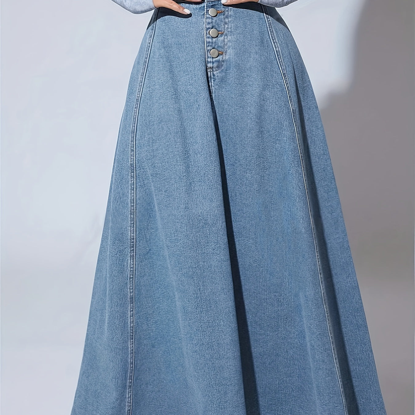Falda larga acampanada de mezclilla de lavado claro liso, de un solo pecho, corte holgado, para mujer, jeans y ropa de mezclilla