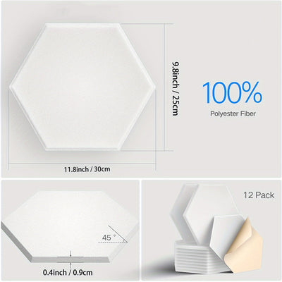 Paquete de 12 paneles de espuma acústica autoadhesivos, 12" x 10" x 0,4", alta densidad 154 kg/m³, diseño hexagonal de moda, paneles decorativos absorbentes de ruido para hogar y estudio, paneles de espuma acústica, tratamiento acústico de habitaciones,