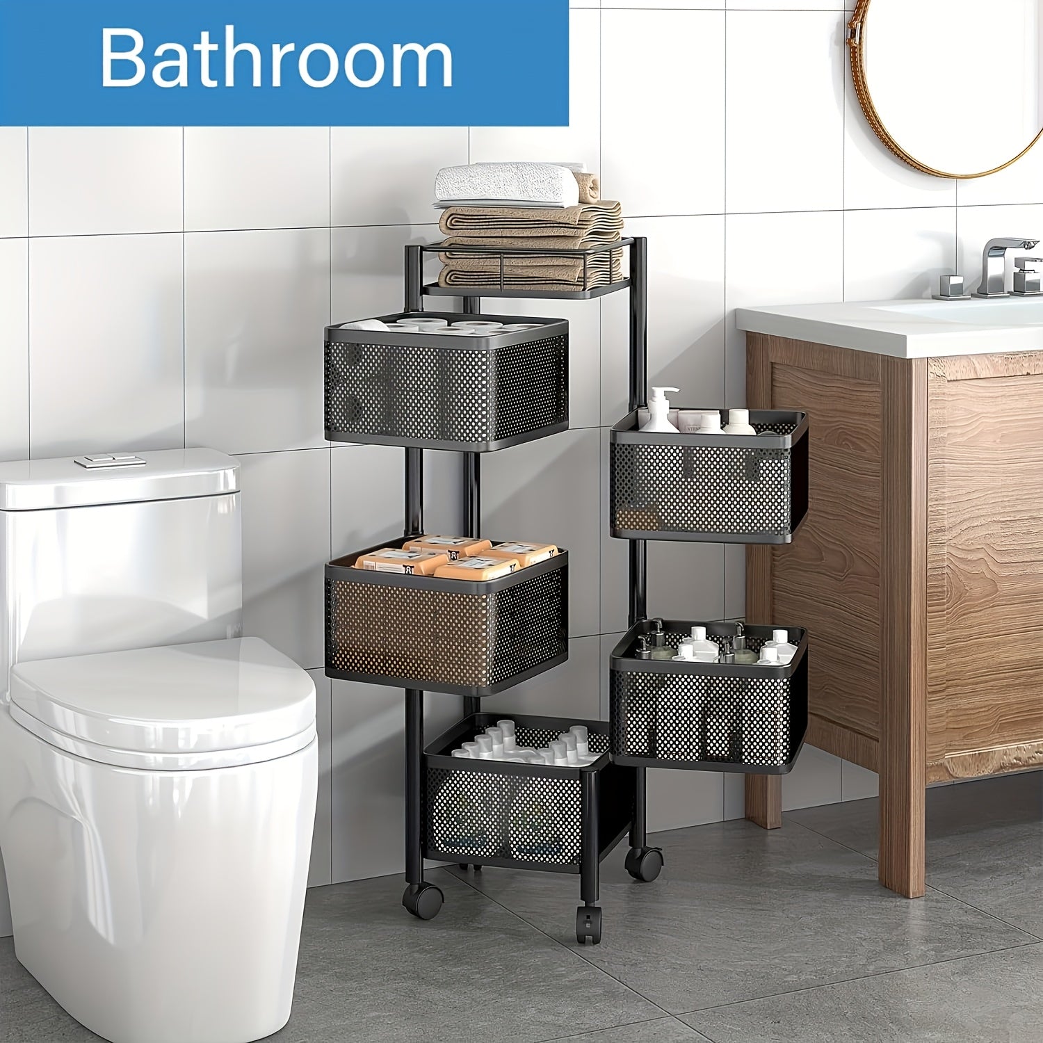 Estante giratorio de cocina de 5 niveles, sin necesidad de ensamblaje, torre de almacenamiento metálica para frutas, verduras, alimentos, papas artificiales de jade y cebollas (5 capas, negro)