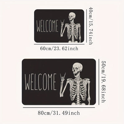 1 alfombrilla de entrada con diseño de calavera juguetón, ideal para fiestas de Halloween y decoración, hecha de poliéster negro, lavable en máquina, de 1 cm de grosor, 700 g/m². Perfecta para decorar tu hogar o negocio.