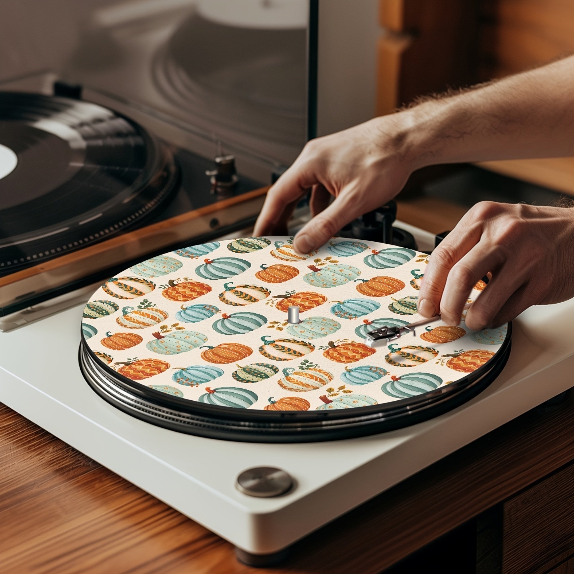 Tapete de música de disco de 12 pulgadas con patrón de calabaza de Acción de Gracias - Vinilo negro, 3 mm de grosor, antiestático, reducción de ruido y polvo, ideal para DJs, karaoke y práctica de música en casa, equipo de músicos