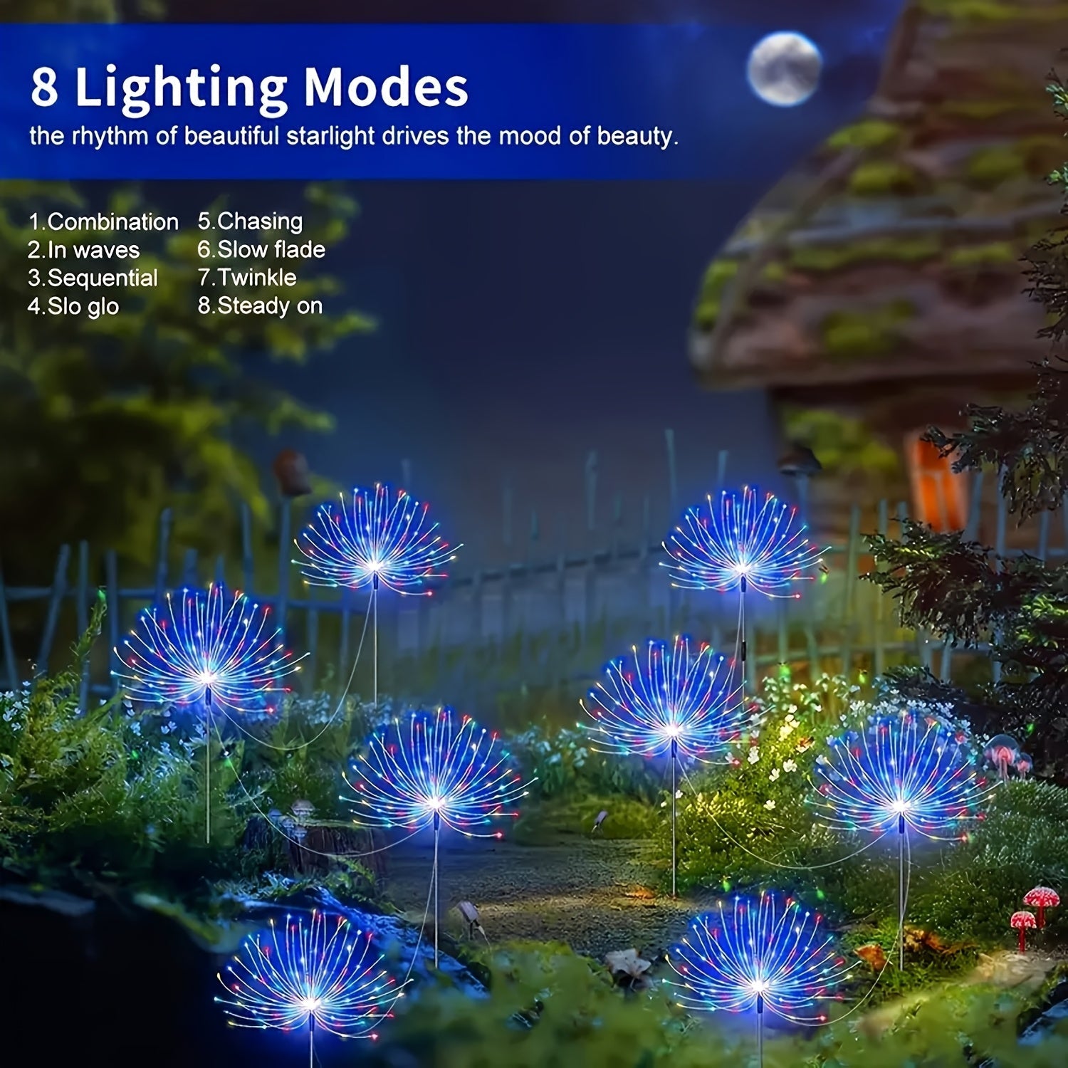 4/ 1 Paquete de Luces Solares para Jardín con 8 Modos, Luces de Fuegos Artificiales LED 320/240/90 - IP65 Impermeables - Luces de Cadena Multicolor y Cálidas para Decoración Exterior, Patio, Sendero, Fiesta o Celebraciones - Iluminación para Exteriores