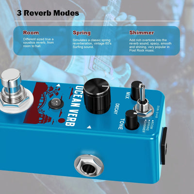 Pedal de reverberación para guitarra, pedal de efectos digital Ocean Verb con 3 modos: sala, resorte y brillo, para guitarra eléctrica y bajo, tamaño mini, bypass verdadero