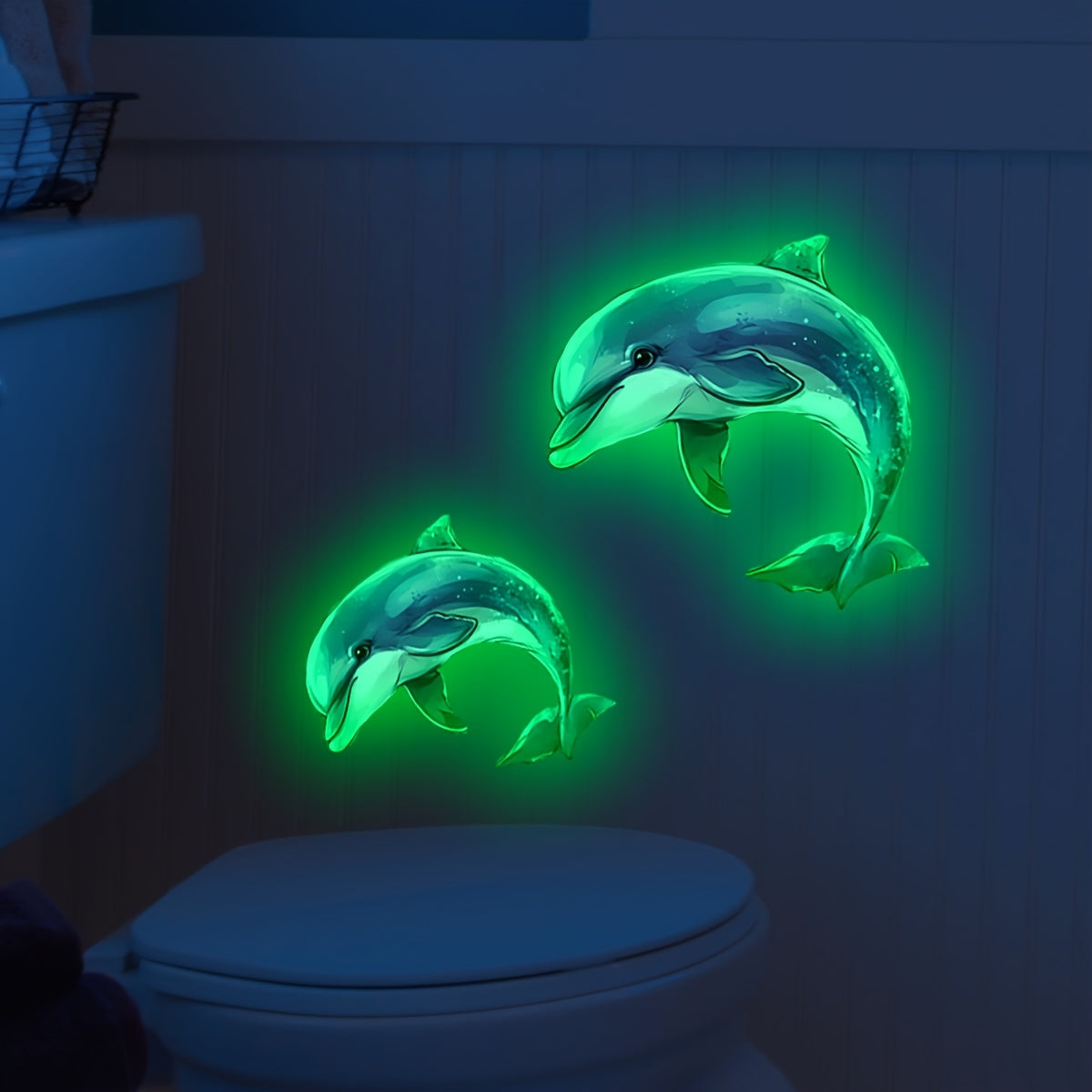 Calcomanías de Delfines que Brillan en la Oscuridad para Inodoro - Decoración de Baño de PVC de 20x30cm, Diseño Caprichoso de Delfín Azul y Autoadhesivo para el Hogar, Baño y Decoración del Inodoro