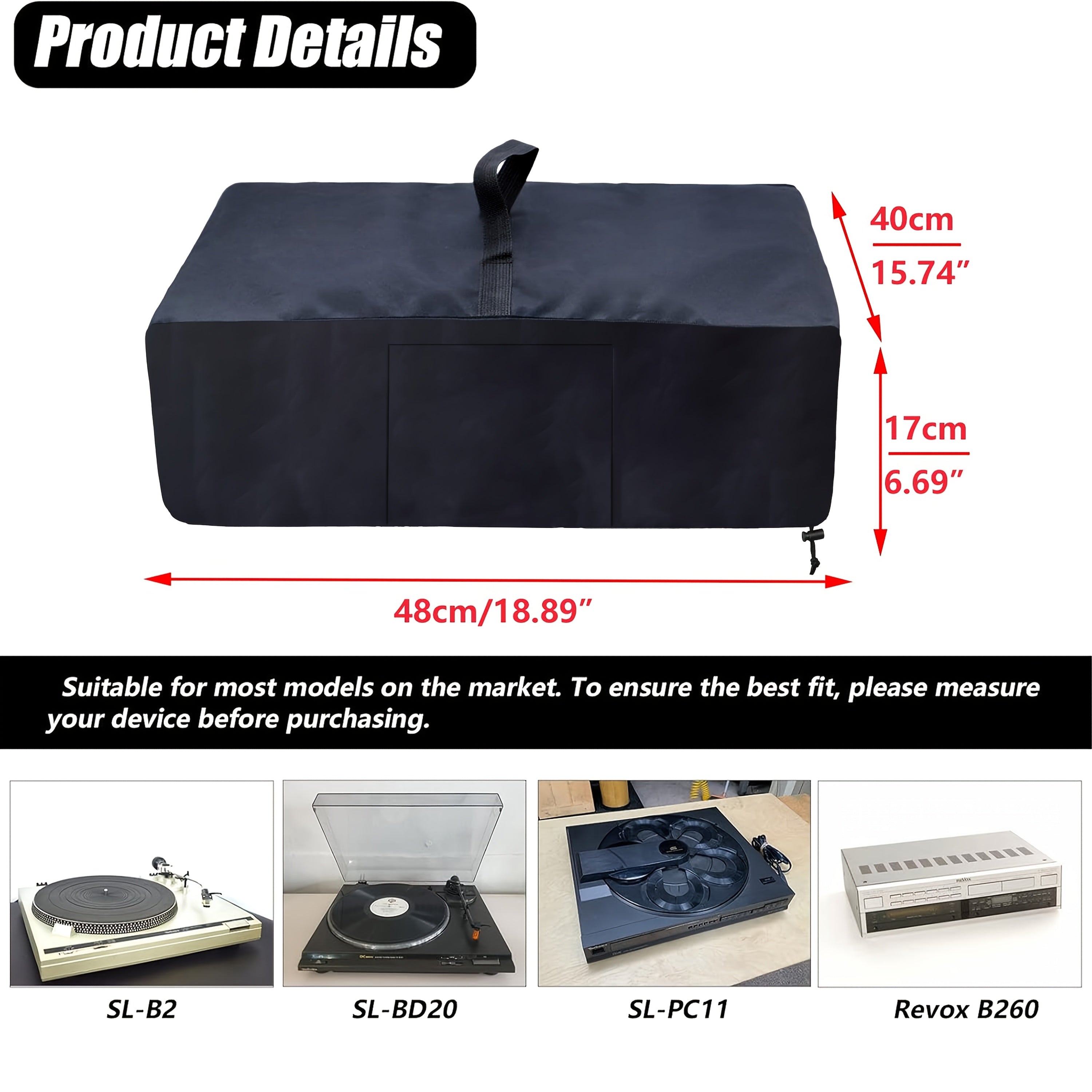 Funda de plato giratorio, nuevo protector de reproductor de vinilo negro, protector de alfombrilla para el hogar, adecuado para la mayoría de los modelos de reproductor de vinilo con asa y bolsillo (negro/gris)