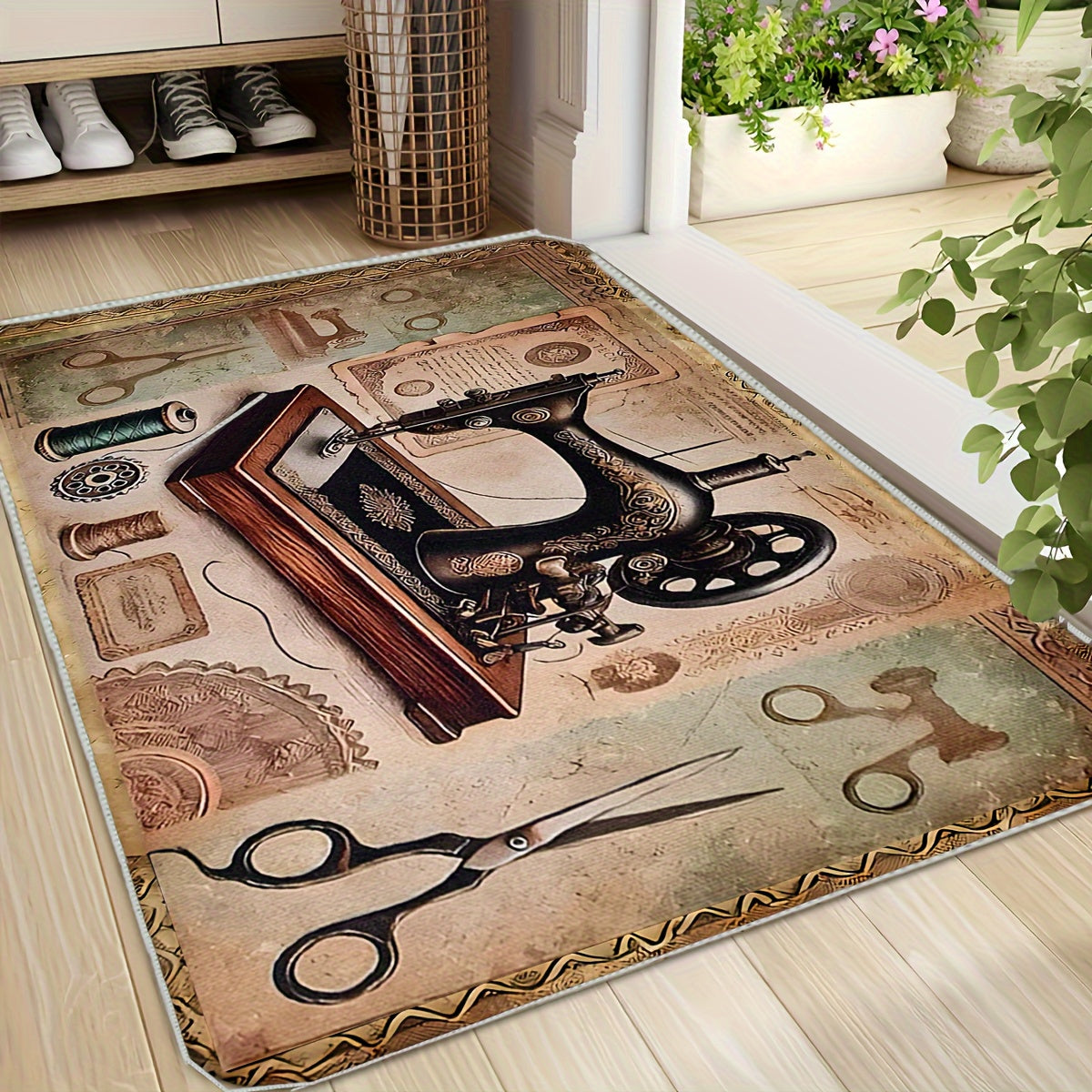 Tapete con diseño de máquina de coser y tijeras vintage - Suave, antideslizante, lavable a máquina, fácil de limpiar, resistente al desgaste, para sala, dormitorio, cocina, baño, lavandería, oficina, entrada y decoración del hogar, tapete lavable
