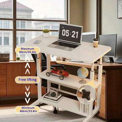 Escritorio y estantería de computadora de doble asiento, MDF con marco de acero, con ruedas univer, acabado blanco y madera - Ideal para trabajo en oficina en dormitorios y salas de estar, almacenamiento de computadora