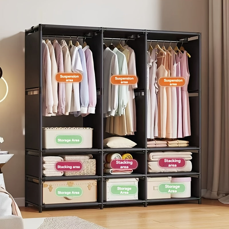 1pc Armario Metálico Ahorrador de Espacio de 3 Filas - Organizador Multicapa y Duradero en Negro/Blanco, Ideal para Dormitorio y Sala de Estar, Con Rieles para Colgar y Áreas de Almacenamiento, Decoración de Dormitorio