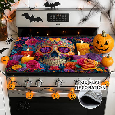 1pc Cubierta para Estufa de Halloween - Reemplazo Antideslizante con Forro de Goma para Quemadores de Gas/Eléctricos, Diseño Floral de Calaveras Azucaradas Día de los Muertos en Morado/Azul/Rosa/Naranja/Rojo/Morado - Decoración Fácil de Instalar para Coc