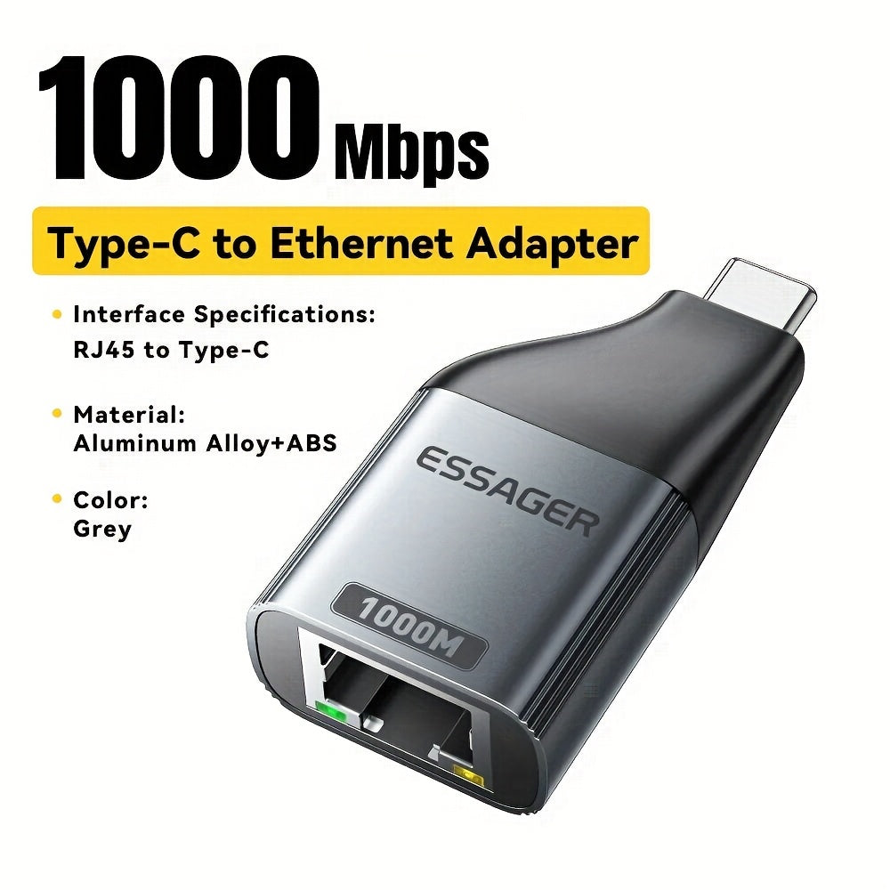 1pc Essager Adaptador de Ethernet Gigabit 100/1000Mbps, RJ45 a Tipo-C, Adaptador de red sin controlador para Windows, Mac OS, Linux, Android, iPad OS