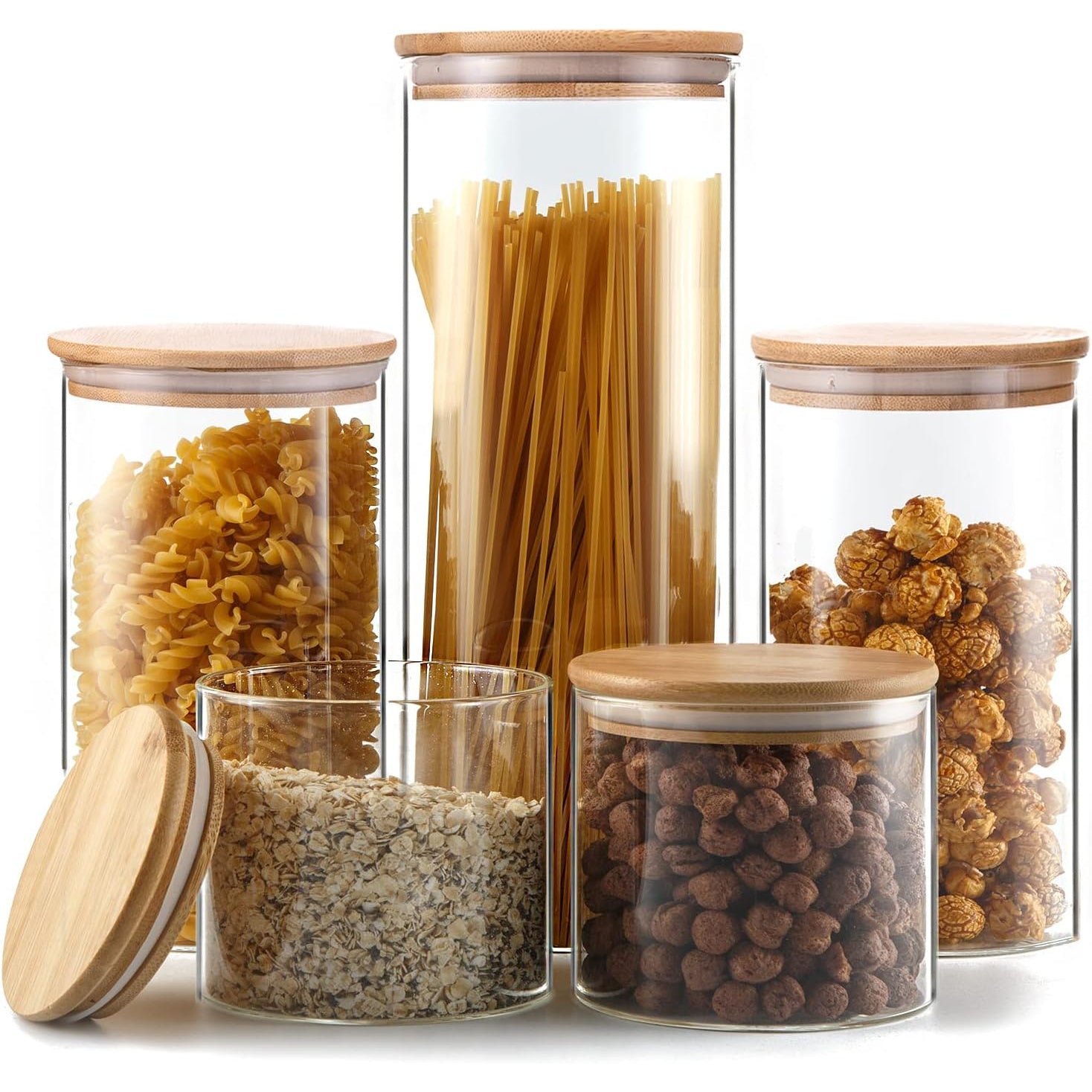 Juego de 5 frascos de vidrio herméticos con tapas de bambú, lavables a mano, recipientes redondos reutilizables para cocina, envases multipropósito con tapa flip top para dulces, galletas, arroz, azúcar, pasta, nueces y especias