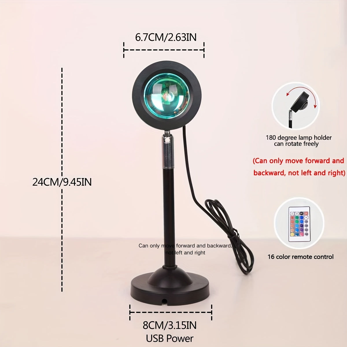 Proyector de Luz LED con Ambiente de Atardecer - 1 pieza con 16 Colores RGB y Control Remoto - Diseño Metálico Moderno, Alimentado por USB, Ideal para Dormitorio y Sala de Estar, Retroiluminación Fotográfica, Camping, Bodas y Celebraciones Festivas, Deco