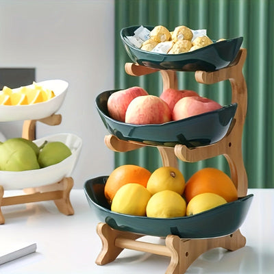 1 plato frutero europeo de 3 niveles con soporte de bambú, bandeja de plástico resistente y seguro para alimentos, organizador de cocina, pieza de servir elegante, acabado natural, ideal para cocina, comedor, fiestas y decoración del hogar