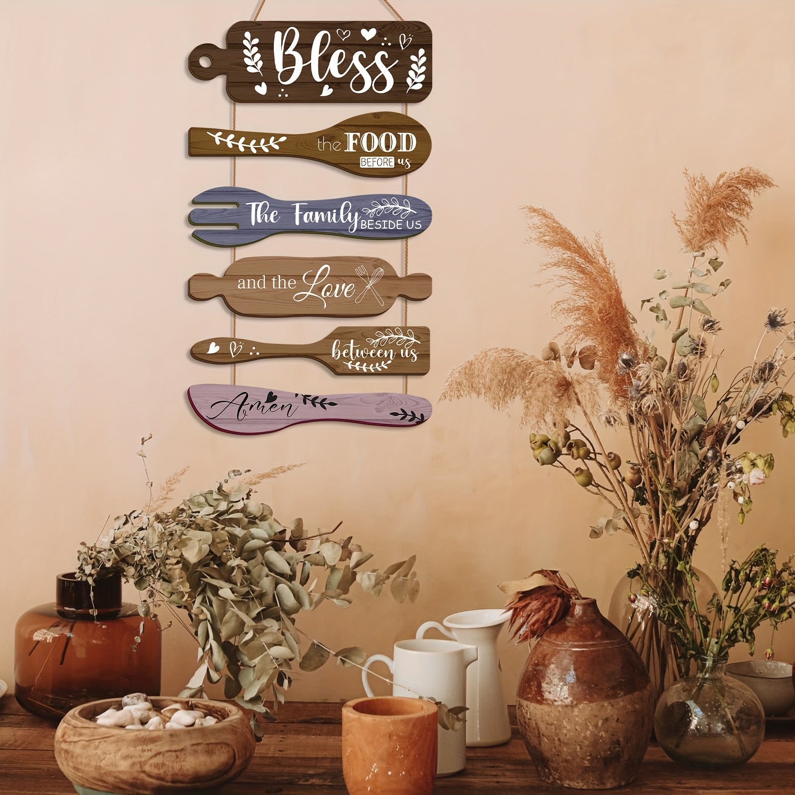 Decoración de Pared para Cocina Campestre "Bendice Nuestra Comida", 6 piezas en 2D Plano, Arte Divertido con Patrón de Restaurante, Pintura Colgante de Madera Retro, Adecuada para la Decoración del Salón de Comedor al Estilo Campo
