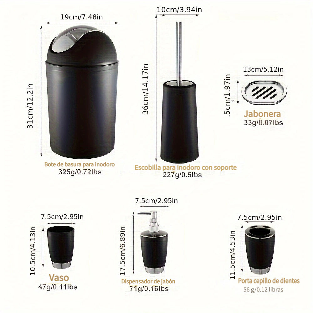 Juego de artículos de tocador de baño de hotel, juego de cinco piezas, dispensador de jabón de mano creativo de plástico, caja de jabón, soporte para cepillo de dientes, taza para la boca, cubo de basura de plástico, con cepillo de inodoro y asiento.