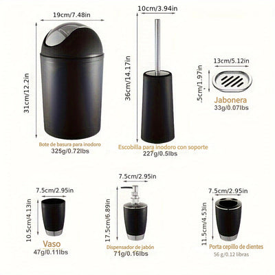 Juego de artículos de tocador de baño de hotel, juego de cinco piezas, dispensador de jabón de mano creativo de plástico, caja de jabón, soporte para cepillo de dientes, taza para la boca, cubo de basura de plástico, con cepillo de inodoro y asiento.