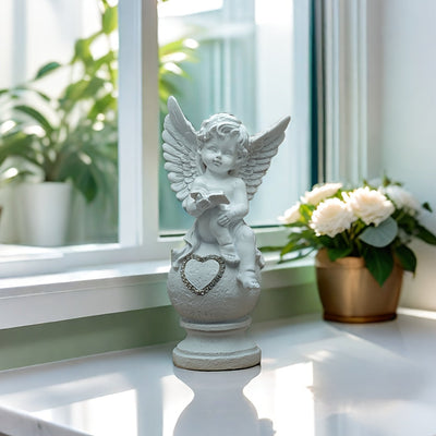 Estátua de ángel de resina, 1 pieza Figura decorativa de querubín leyendo con detalle de corazón, ideal para decoración interior, estantería, exhibición de arte en el hogar y jardín, no se requiere electricidad