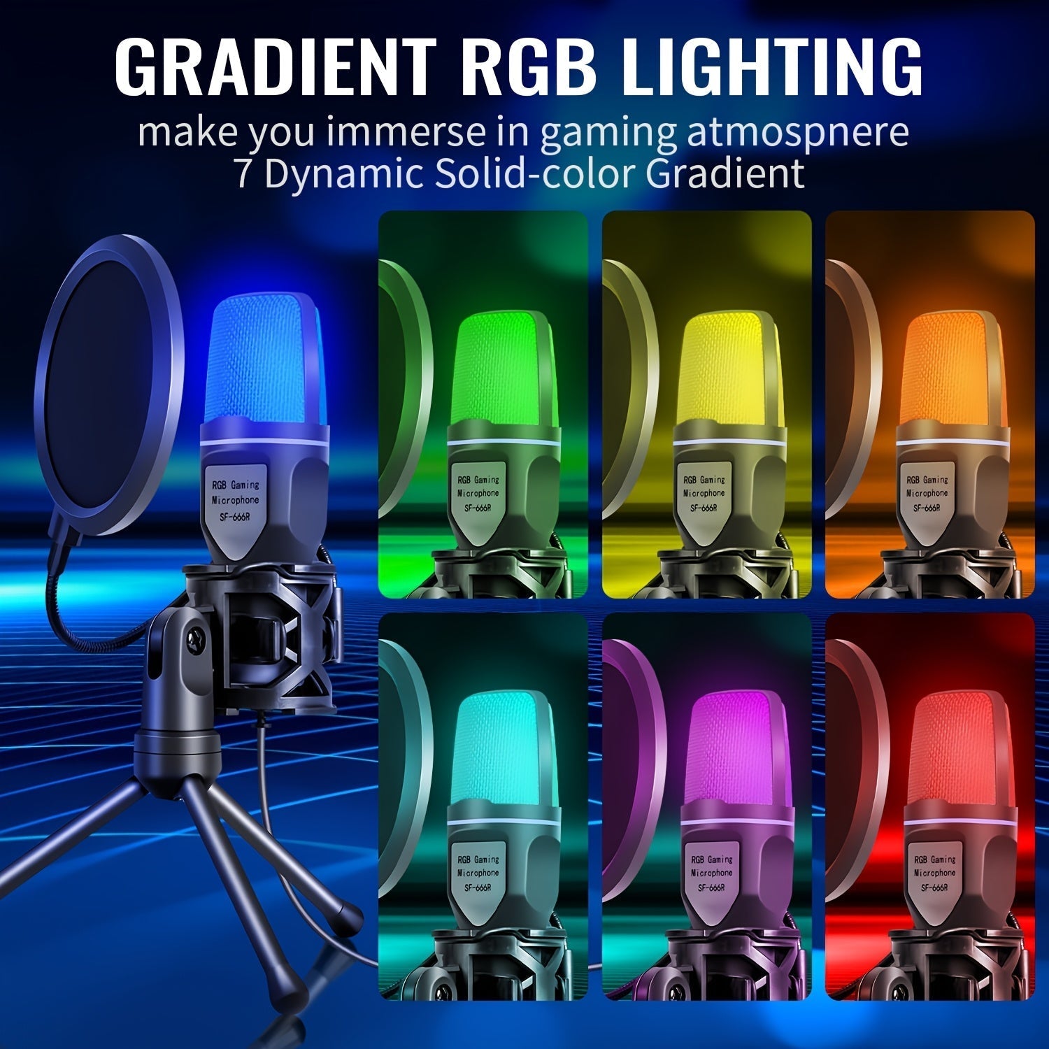 Micrófono condensador RIKSOIN USB, iluminación RGB, soporte de trípode ajustable de 3 etapas, negro, con conector USB Type-A, para juegos, canto, karaoke, videoconferencia, transmisión, portátil y escritorio