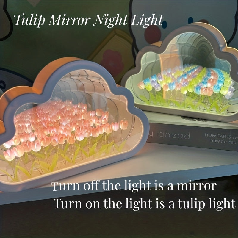 Luz de noche de tulipán de nube hecha a mano, producto terminado espejo, lámpara de mesa LED brillante, decoración para dormitorio, luz de atmósfera, regalo creativo de cumpleaños para esposa o mejor amiga.