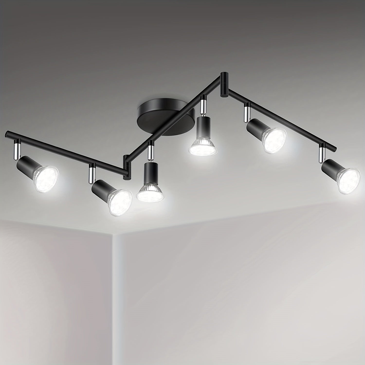 Kit de iluminación de pista LED de 6 luces, reflector de techo negro de 6 vías, soporte de lámpara giratorio flexible, luz de pista no incluye bombillas, las bombillas deben ser compradas por el usuario
