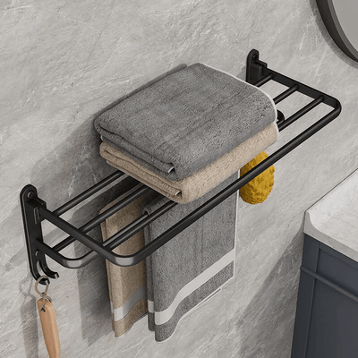 Porta toallas plegable de 50 cm, color negro mate, con gancho, montaje en pared, aluminio, soporte utilitario